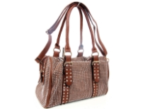 Faux Leather Metal studded double handle fashion handbag. Top zipper closing. Inside zipper pocket. Adjustable shoulder strap included.