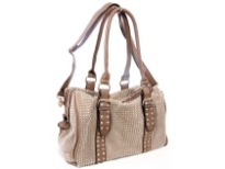 Faux Leather Metal studded double handle fashion handbag. Top zipper closing. Inside side zipper pocket. Adjustable shoulder strap included.