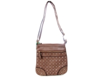 Faux Leather Metal studded messenger Bag. Front Pocket & top zipper closing. Back zipper pocket.