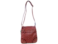 Faux Leather Metal studded messenger Bag. Front Pocket & top zipper closing. Back zipper pocket.