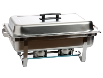 Stainless Steel Full Size Chafing Dish. Folding Frame. 
Cover: SS 201 0.4MM Food Pan: SS 201 0.4MM Water Pan: SS 201 0.4MM Frame: SS 18/0 1.35 MM Fuel Holder: SS 18/0

With an 8 qt. capacity, this chafer kit allows you to hot-hold and serve your most popular dishes at appropriate temperatures quickly and conveniently. Ideal for mobile caterers, wedding venues, or buffets, this chafer kit comes with everything you need to serve your guests!
