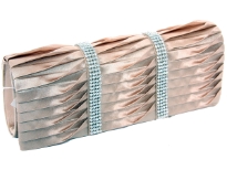 Satin Evening bag embellished with two Rhinestones strips. Magnetic snap button closing. Metal shoulder chain included.