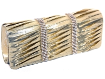 Satin Evening bag embellished with two Rhinestones strips. Magnetic snap button closing. Metal shoulder chain included.