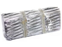 Satin Evening bag Embellished with two Rhinestones strips. Magnetic snap button closing. Metal shoulder chain included.