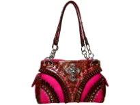 Rhinestones studded Cross double handle Bag. Top zipper closing. Center divider and inside side Zipper pocket.