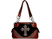 Rhinestones Studded Cross Double Handle Bag. Top zipper closing. Center divider & zipper pockets inside the bag. Two side pockets outside with flaps over them. 