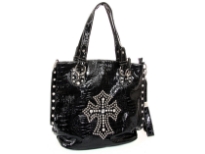 Crocodile Embossed PVC Rhinestones studded Bag. Top zipper closing. Center divider, side zipper pocket and adjustable shoulder strap included.