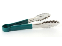 Stainless Steel 9 inches utility tong with PVC Green Handle. Color-coded handles prevent cross-contamination. Made in India.Thickness: 0.9 