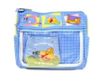 Diaper Bag with cartoon caracters pattern. Bag has multiple compartments for addional storage, zipper closure, and a single strap. Made of Fabric.