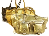 Designer Inspired Shoulder Bag with multiple exterior pockets with zipper closure and a double handle. Bag has metallic texture, belts, chains, and zipper details. Made of PU (polyurethane)