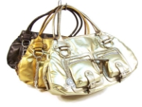Designer Inspired metallic shoulder bag with a double handle and a zipper closure. Exterior pockets with belts and zipper details adorn the bag. Made of PU (polyurethane).