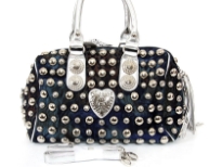 Studded all over denim fabric handbag. Top zipper closing double handle & adjustable shoulder straps included. Imported.
