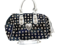 Studded (Both sides) denim Handbag. Top zipper closing. adjustable shoulder strap included.