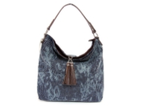 Metal Eyelets studded Denim Bag. Top zipper closing with a hanging tussle over it. Two zipper pockets inside the bag. Single shoulder strap.