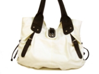 Pvc handbag  with zipper accents in the front & straps like accents on the sides of the bag. Buckle as well as zipper closure on the top. 