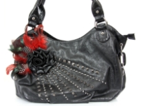 Faux Leather Feather/Rose flower & studded bag. top zipper closing. Back outside zipper pocket.