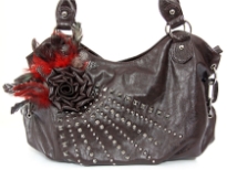Faux Leather Feather/Rose flower & studded Bag. Top zipper closing. Back outside zipper pocket.