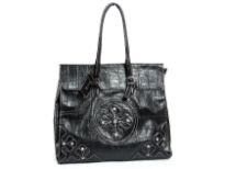 Tote bag with glossy texture and croc pattern has studded accents, a double handle and a top zipper closure. Made of PVC.