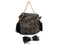 Studs and Rhinestones studded metal chain fashion handbag. Top zipper closing. Adjustable shoulder strap included.