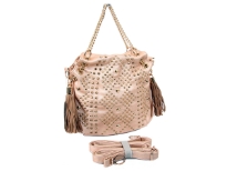 Studs and Rhinestones studded metal chain fashion handbag. Top zipper closing. Adjustable shoulder strap included.