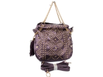 Studs and Rhinestones studded Metal chain handbag. Top zipper closing and adjustable shoulder strap included.