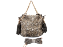 Studs and Rhinestones studded metal chain fashion handbag. Top zipper closing. Adjustable shoulder strap included.