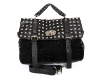 Medium size handbag has studded accents, twist lock closure, shrot handle, detachable shoulder strap and mini roses accents. Made of PVC.