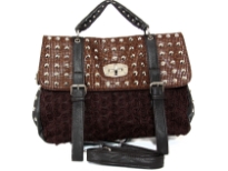 Medium size handbag has studded accents, twist lock closure, shrot handle, detachable shoulder strap and mini roses accents. Made of PVC.