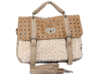 Medium size handbag has studded accents, twist lock closure, shrot handle, detachable shoulder strap and mini roses accents. Made of PVC.