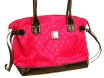 Fleur De Liz Licensed Jacquard Handbag with hanging strands on the sides. The base of the bag & double handle is in leather with zipper closure on the bag.