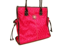 Fleur De Liz Licensed Jacquard Handbag. Double Handle & top zipper closure in leather. Two side pockets outside the bag with hanging leather strands & outside zipper pocket. Leather trim borders the bag.
