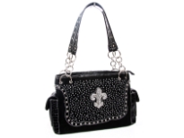 Rhinestones studded PVC Fleur De Liz double handle bag. the bag has top zipper closing, center divider, two side pockets and back zipper pocket.