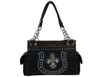 Rhinestones studded PVC Fleur De Liz and horse shoe inspired double handle bag. The bag has top zipper closing, 2 side pockets and center divider.
