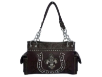 Rhinestones studded PVC Fleur De Liz and horse shoe inspired double handle bag. Top zipper closing, 2 side pockets and center divider.