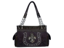 Rhinestones studded PVC Fleur De Liz and horse shoe inspired double handle bag. The bag has top zipper closing, 2 side pockets and center divider.