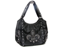 Rhinestones studded PVC Fleur De Liz double handle bag. The bag has center divider, top zipper closing and side zipper pocket inside. Back zipper pocket.