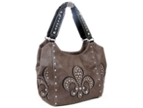 Rhinestones Studded PVC Fleur De Liz double handle bag. The bag has center divider, top zipper closing and side zipper pocket inside. Back zipper pocket.