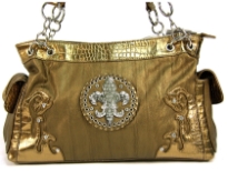 Fleur De Liz Licensed Handbag in Shining PVC. Top zipper closure bag has double handle with few links of chain also. Pockets with flap on the sides of the bag. Contrasting patchwork on the front corners & also in the center with fleur de liz logo in rhinestones.