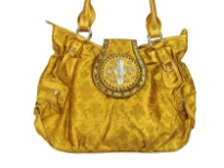 Fleur De Liz Licensed PVC Handbag. Logo print on the bag with two side zipper pockets. Top zipper closing with studded logo on the clasp over it.