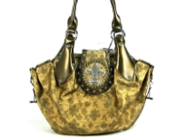 Fleur De Liz Licensed PVC Handbag with its Logo print all over it. Double shoulder handle with rhinestones logo clasp also. Chain accents on the sides of the bag. Imported.