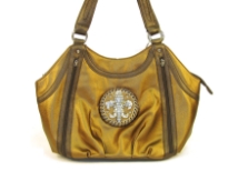 Fleur De Liz Licensed Handbag in Shining PVC Material. Bag has vertical zipper accents in the front with trim around it in contrast color. Top zipper closure with double shoulder handles.