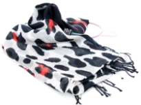 Black & White Cow Print 100% Viscose Scarf with Black & Pink Colored Ends. Twisted fringes on the ends. Lightweight and very soft to use. Imported. 