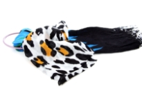 Black & White Cow Print 100% Viscose Scarf with Black & Turquoise Colored Ends. Twisted fringes on the ends. Lightweight and very soft to use. Imported. 