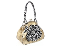 Zebra Print Floral Accent Fashion Handbag with Zebra print double shoulder handle. Back zipper pocket & kiss lock with metal frame on top. Imported.
