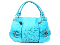 PVC double handle fashion handbag with cutout design in the front & belted embellishments also. Top zipper closing, outside zipper pocket & center divider inside the bag.