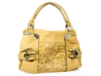 PVC double handle fashion handbag with cutout design in the front & belted embellishments also. Top zipper closing, outside zipper pocket & center divider inside the bag. 