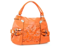 PVC double handle fashion handbag with cutout design in the front & belted embellishments also. Top zipper closing, outside zipper pocket & center divider inside the bag. 