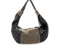 Faux Leather Studded Shoulder bag. This one piece bag has golden studs in the middle of the bag as well as on single shoulder strap. Top zipper closure.