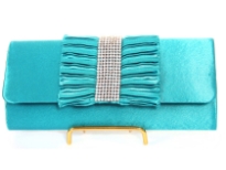 Satin Evening Bag with same fabric ruffled design and also rhinestones strap over it.
