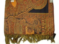 100% Pure Wool Jamawar Shawl in black color with orange & rust color artistic pattern knitted into it. Imported.
